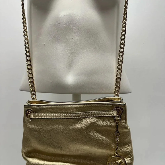Michael Kors Shoulder Bag Metallic Gold Chain Leather Handbag Purse Medium - Picture 3 of 12